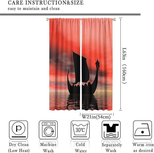 Viking Ship Curtains, Fantasy Ocean Vintage Sailboat at Sundown Nautical Themed Print Blackout Window Treatments for Boys Bedroom Living Room 42x63in