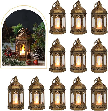 LLQ 8Pcs Mini Lantern with LED Tealight, Vintage Brown Lanterns Decorative, Hanging Candle Lanterns for Ramadan Christmas Wedding Table Centerpiece Indian Diwali Decor, Garden Fairy Party Decorations