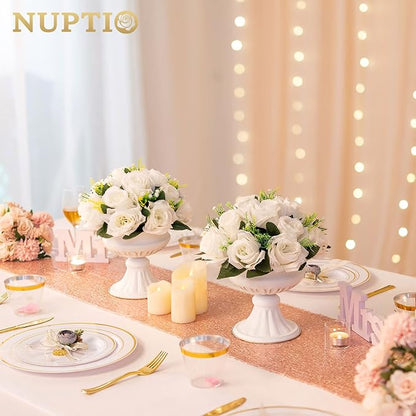 NUPTIO Pcs of 6 Fake Flower Ball Arrangement Bouquet,15 Heads Plastic Roses with Base, Suitable for Our Store's Wedding Centerpiece Flower Rack for Parties Valentine's Day Home Décor (Pure White)