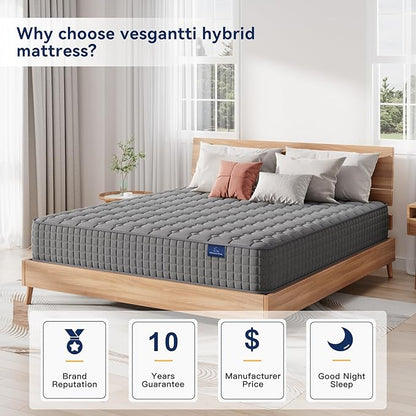 Vesgantti 8 Inch Multilayer Hybrid Twin XL Mattress - Multiple Sizes & Styles Available, Ergonomic Design with Breathable Foam and Pocket Spring, Medium Firm Feel, Grey
