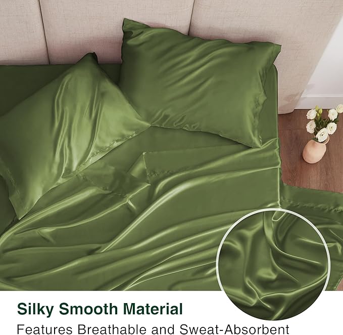 Love's cabin Satin King Sheet Sets - 4 Piece Sage Silky Sheets King Size Bed Set with Deep Pocket, Luxury Silk Feel King Size Satin Sheet Set (1 Flat Sheet,1 Fitted Sheet,2 Pillow Cases)