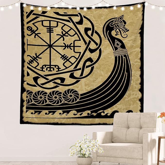 Batmerry Vikings Ancient Scandinavian Tapestry,Warship Boat Old Ancient Sea Wall Art Hanging Decoration Polyester Fiber White Ruffled Around for Dorm Room Bedroom Living Room, 59.1x59.1 inches