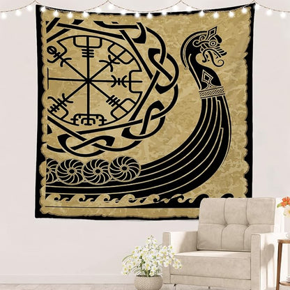Batmerry Vikings Ancient Scandinavian Tapestry,Warship Boat Old Ancient Sea Wall Art Hanging Decoration Polyester Fiber White Ruffled Around for Dorm Room Bedroom Living Room, 59.1x59.1 inches
