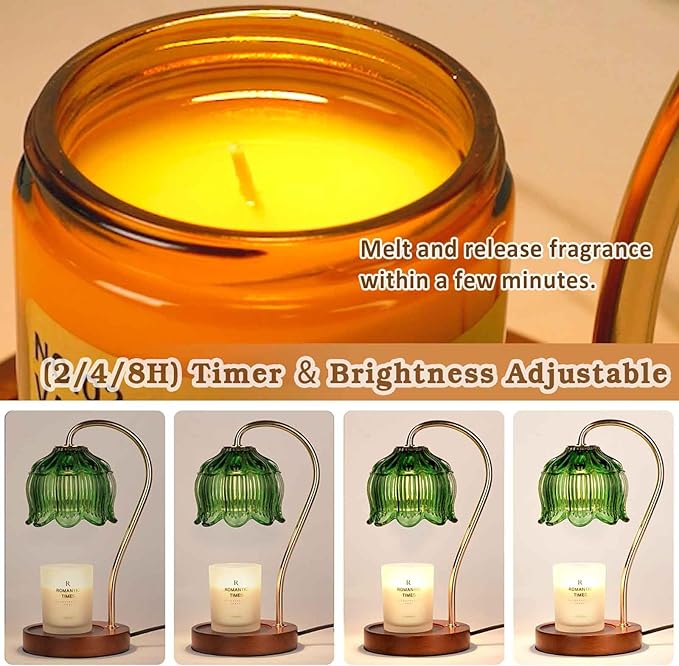 Green Candle Warmer Lamp with Timer, Christmas Gifts, Dimmable Flower Candle Lamp Warmer, Vintage Birthday Gifts for Women, Mom, Female Friend, Aromatic Candle Light for Yankee Candles