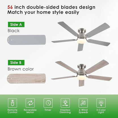 Ceiling Fans with Lights, 56" Flush Mount Ceiling Fan with Light and Remote/APP Control, Low Profile, Modern Ceiling Fan Reversible, Dimmable, Noiseless, Brushed Nickel for Bedroom