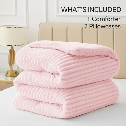BEDELITE Fleece Queen Comforter Set -Super Soft & Warm Fluffy Cherry Blossom Bedding, Luxury Fuzzy Heavy Bed Set for Winter with 2 Pillow Cases