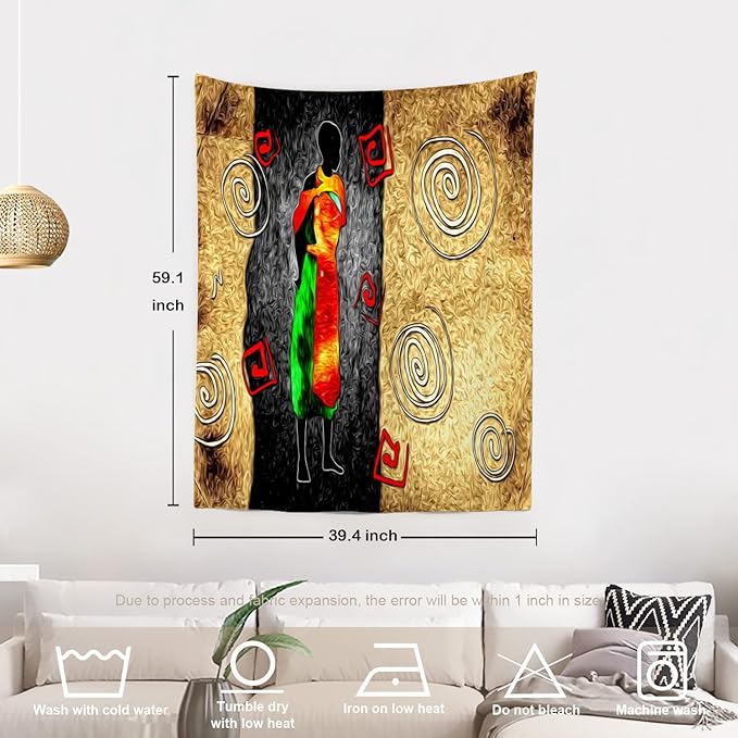 Batmerry African Ethnic Retro Tapestry,Vintage Motive Oil Landscape Fashion Wall Art Hanging Decoration Polyester Fiber White Ruffled Around for Dorm Room Bedroom Living Room, 59.1x39.4 inches