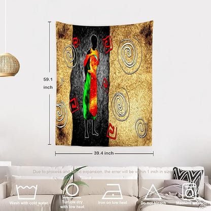 Batmerry African Ethnic Retro Tapestry,Vintage Motive Oil Landscape Fashion Wall Art Hanging Decoration Polyester Fiber White Ruffled Around for Dorm Room Bedroom Living Room, 59.1x39.4 inches