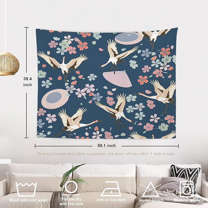 Batmerry Navy Blue Japanese Cherry Tapestry, Oriental Wall Art Hanging Decoration Polyester Fiber White Ruffled Around for Dorm Room Bedroom Living Room, 39.1x59.1 inches