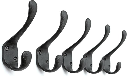 5 Pack Decorative Cast Iron Heavy Duty Double Hooks, Wall Mounted Coat Hooks, Vintage Inspired (Antique Black) (Spoon Hook)