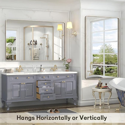60x36 Inch Brushed Nickel Bathroom Mirror, Large Brushed Silver Metal Framed Wall Mirror, Rounded Corner Rectangle Modern Vanity Mirror, Tempered Glass, Anti-Rust, Shatterproof (Horizontal/Vertical)