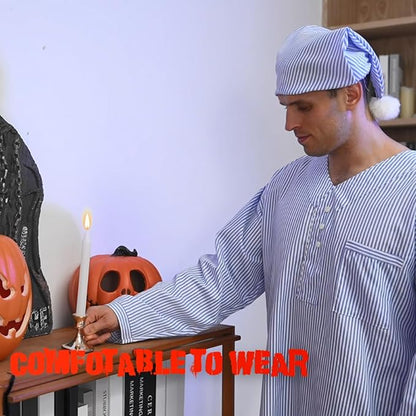 Toulite 4 Pcs Men's Pajama Set Includes Men's Nightshirt Night Sleeping Cap Candle Holder and Candle for Halloween Christmas(X-Large)