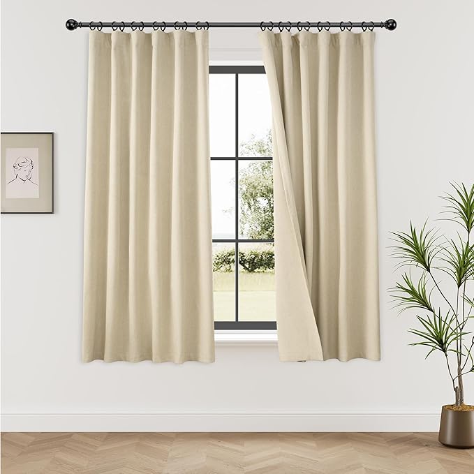 KangBang Beige Linen Blackout Curtains 72 Inches Long 6 ft, Back Tab Loop Pocket Room Darkening Soundproof Privacy Drapes for Traditional Family Room Bedroom,52x72 Inch, 2 Panels