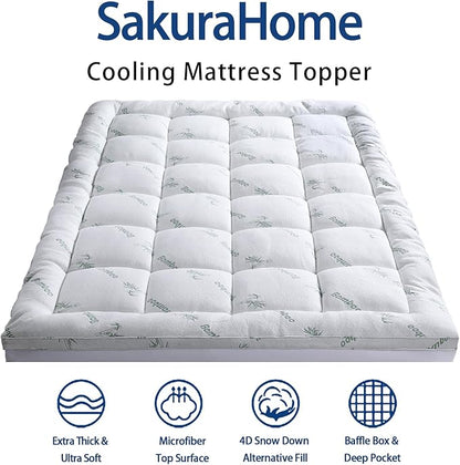 Mattress Topper Queen Size, Cooling Extra Thick Breathable Viscose Made from Bamboo Mattress pad, Soft Quilted Fitted Mattress Cover with 1000 GSM Down Alternative Fill (8-21”Deep Pocket)