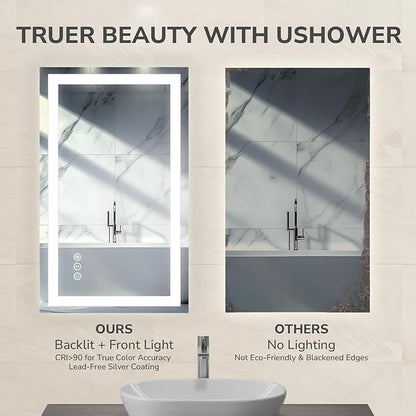 USHOWER LED Bathroom Mirror 28x36 Inch with Lights - Frameless Tempered Glass LED Backlit Lighted Mirror for Bathroom Vanity with Anti-Fog, 3 Colors Dimmable, Memory Function, Wall-Mounted