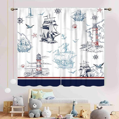 Nautical Curtains, Vintage Marine Coastal Sailboat Compass Anchor Ocean Beach Lighthouse Watercolor Blue Decorative Drapes for Bedroom Living Room Kitchen Bathroom Window 2 Panels, 63"x72" Inch
