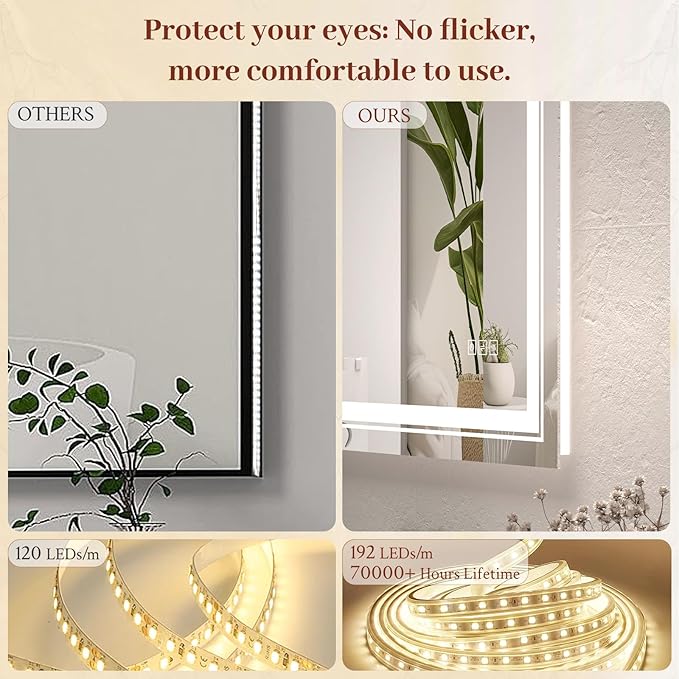 20x30 LED Mirror for Bathroom with Front and Backlit Light Up Digital Mirrors for Wall,Anti Fog,Stepless Dimmable,Tempered Silver Glass Smart Vanity Mirror for Bathroom