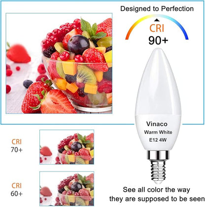 Vinaco 2 Pack E12 LED Candelabra Bulb, 400LM 4W 3000K Warm White, High Brightness, Long Lifespan, Energy Efficient, Flicker-Free, Great for Ceiling Fan Light Bulb
