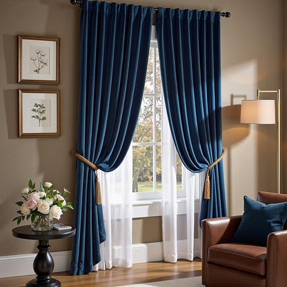 Lazzzy Velvet Blackout Curtains Thermal Insulated Room Window Drapes Super Soft Luxury Curtains for Living Room Bedroom Rod Pocket 2 Panels, Dark Blue, 52" W x 102" L
