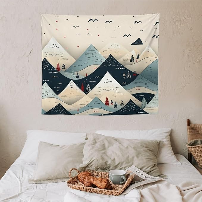 Tapestry Snow Mountain Scandinavian Winter Aesthetic Bedroom Tapestries Happy New Year Wall Tapestry Wall Decor for Bedroom Living Room Dorm Landscape 50"x60" Tapestries Winter Snowflake Decorative