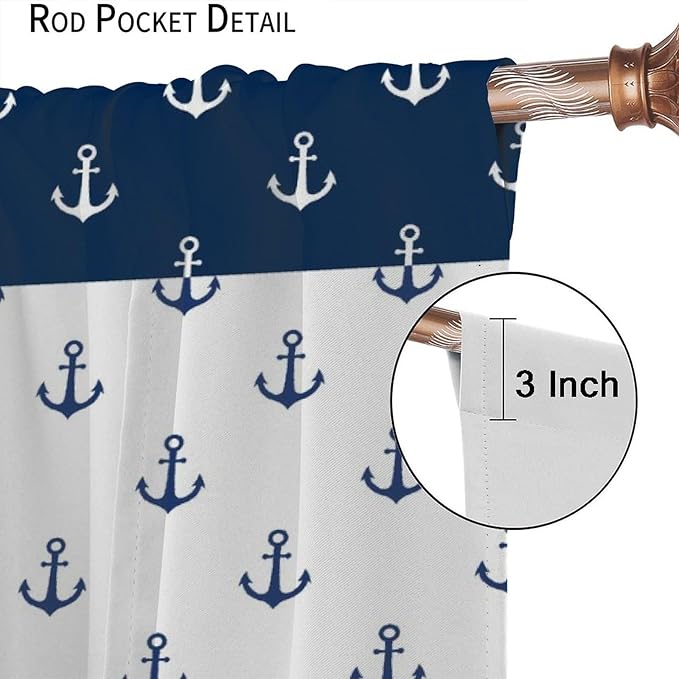Anchor Pattern Curtains, Nautical Theme Navy Blue White Anchor Sea Life Adventure Print Blackout Window Treatments for Living Room Boys Men's Bedroom 72x63in