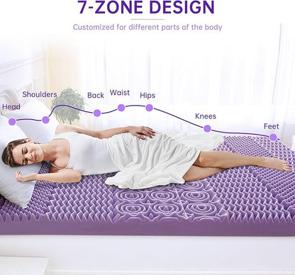 MUXHOMO 3-Inch King Mattress Topper, 7-Zone Egg Crate Foam for Back Pain Relief, Cooling Gel-Infused Lavender Bed Pad, CertiPUR-US & Oeko-TEX Certified