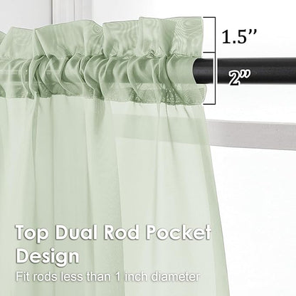 OVZME Light Green Sheer Curtains 90 Inches Long 2 Panels - Soft Light Filtering Window Sheer Panels for Living Room/Bedroom, Top Dual Rod Pocket, 1 Pair, Each 42Wx90L Inches