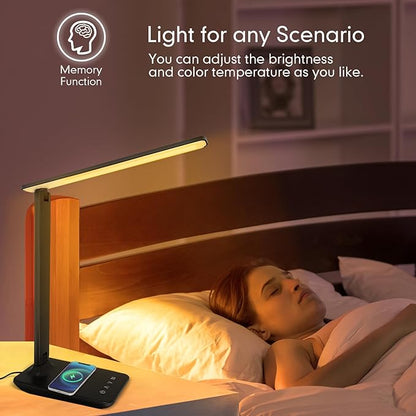 White crown LED Desk Lamp with 15W Wireless Charger & USB Port, Dimmable Table Lamp with 5 Lighting Modes, Sensitive Touch Control, Foldable & Portable Desk Light for Home, Office, Bedroom, Reading