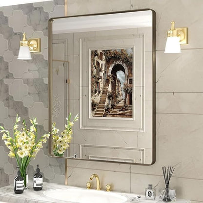 30x36 Bronze Bathroom Wall Mirror, Modern Brushed Metal Framed Mirror for Vanity, Rounded Oil Rubbed Bronze Frame, Anti-Rust, Tempered Shatterproof (Horizontal/Vertical)
