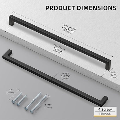 goldenwarm 45 Pack 11-1/3 Inch Black Cabinet Handles Matte Black Drawer Pulls Stainless Steel Cabinets Hardware Square Bar Modern for Kitchen Bathroom Cupboard