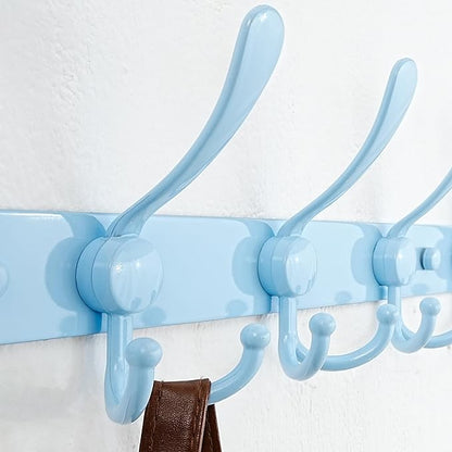 Dseap Coat Rack Wall Mount - 38” Long 10-Tri-Hooks Heavy Duty Coat Hanger Rail Wall Hooks for Hanging Coats Hats Clothing Clothes Purse Mudroom Entryway, Blue