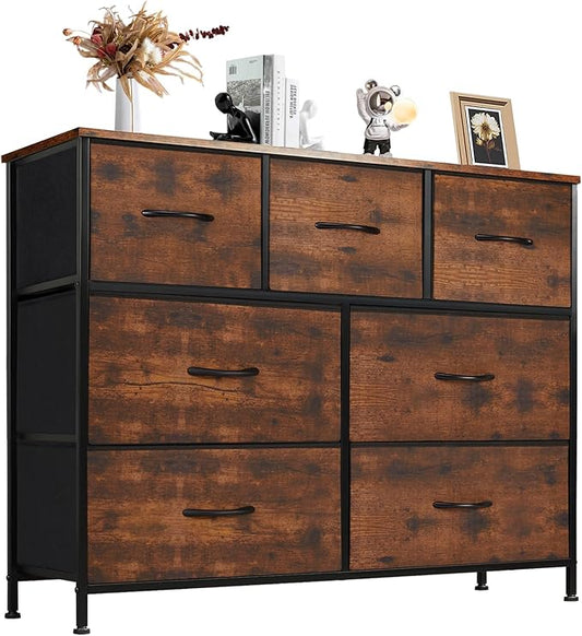 DUMOS Dresser for Bedroom with 7 Fabric Drawers, Chest Organizer Units for Clothing, Closet, Guestroom, Storage Tower with Cabinet, Metal Frame, Wooden Top, Lightweight Nursery Furniture, Brown