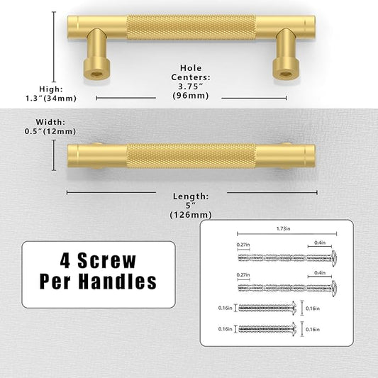 10 Pack Brushed Gold Knurled Cabinet Pulls 3.75 Inch(96mm) Kitchen Cabinet Handles Solid Zinc Alloy Cabinet Hardware Drawer Pulls