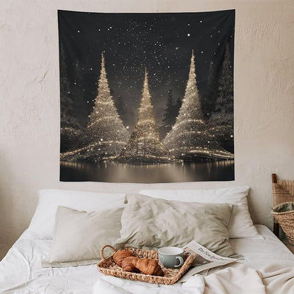 MaSiledy Wall Tapestry Silver Lighted Christmas Trees Tapestry Christmas Holiday Vintage Aesthetic Tapestry Wall Hanging Wall Hanging Decor Tapestry for Bedroom Aesthetic Alt Room 60"x60"