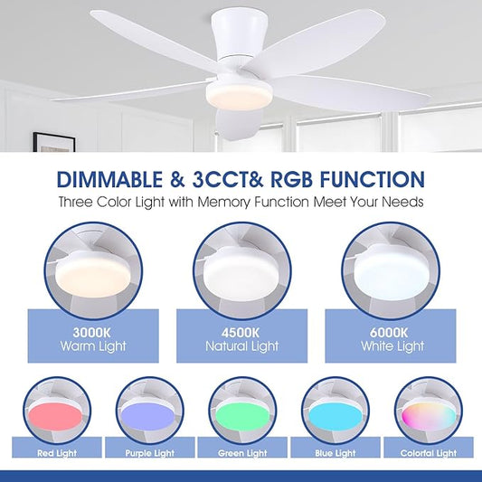 Flush Mount RGB Ceiling Fans with Lights-48 Low Profile Ceiling Fan with Light and Remote/APP Control,DC Reversible,LED Dimmable Ceiling Fans for Bedroom,Indoor/Outdoor Patio Use(White)