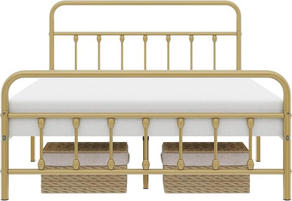 Yaheetech Classic Metal Platform Bed Frame Mattress Foundation with Victorian Style Iron-Art Headboard/Footboard/Under Bed Storage/No Box Spring Needed/Queen Size Antique Gold