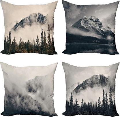 Ambesonne Mountain Throw Pillow Cushion Case Pack of 4, Misty Peaks and Hills Wild Nature Adventure Pine Forest Landscape, Modern Accent Double-Sided Digital Printing, 24", Eggshell Night
