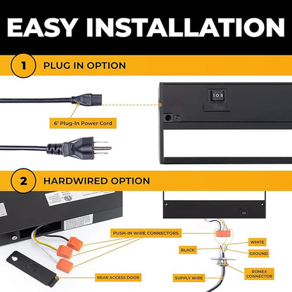 LED Under Cabinet Lighting Hardwired - 3CCT 12 Inch Black Finish - Undercabinet Lights for Kitchen - Linkable Undercounter Dimmable Plug in Light or Hard Wired - Under Counter Fixture Direct Wire