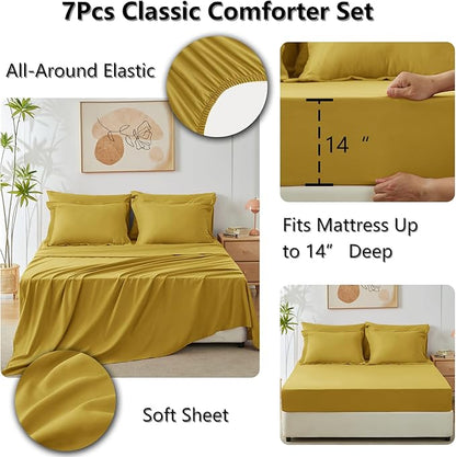 CozyLux King Size Comforter Set Mustard Yellow - 7 Pieces Bed in a Bag King, Luxury Soft Bed Set for All Seasons, Bedding Set with Down Alternative Comforter, Sheets, Pillowcases & Shams