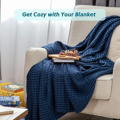 Bedsure Cooling Cotton Waffle Queen Size Blanket - Lightweight Breathable Summer Blanket of Rayon Derived from Bamboo for Hot Sleepers, Luxury Throws for Bed, Couch and Sofa, Navy, 90x90 Inches