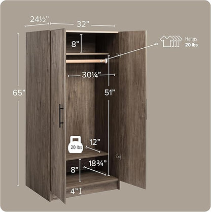 Prepac Elite 32" Storage Cabinet, Gray Storage Cabinet with Hanging Rail and Shelves for Living room, Kitchen ang Laundry Room 24.5" D x 32" W x 65" H