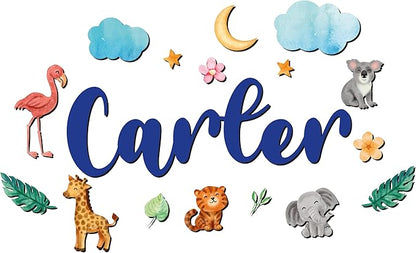 Custom Nursery Name Sign with Themed Decor Kit | Personalized Wooden Wall Art for Baby, Kids Room | Space, Jungle, Circus, Under The Sea, Woodland, Rainbow (10", Jungle/Safari)