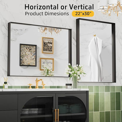 Black Vanity Wall Mirror, 22x 30 Inch Rectangular Bathroom Mirrors for Over Sink, Aluminum Metal Framed Mirror, Tempered Glass, Anti-Rust, Wall Farmhouse Mirrors (Horizontal/Vertical)