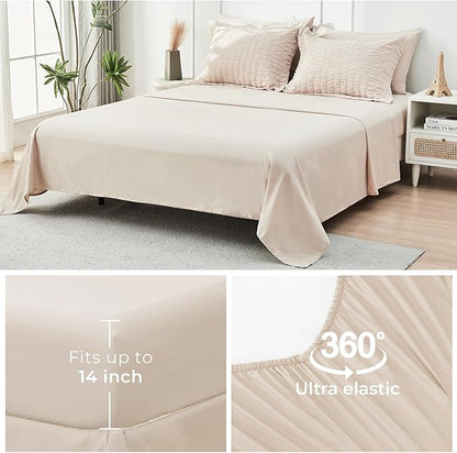 HYMOKEGE Beige Oversized Queen Comforter Set Seersucker 7 Pieces, All Season Luxury Bed in a Bag for Bedroom, Bedding Set with Comforter, Sheets, Pillowcases & Shams