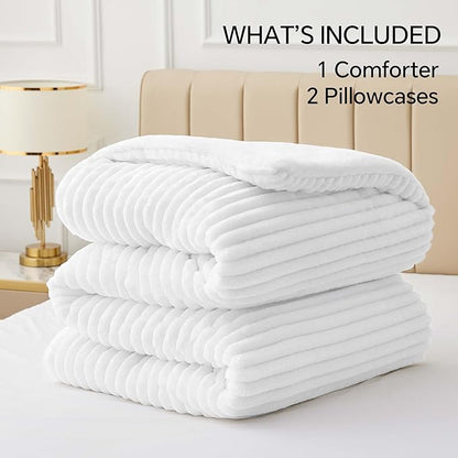 BEDELITE Fleece King Comforter Set -Super Soft & Warm Fluffy Bright White Bedding, Luxury Fuzzy Heavy Bed Set for Winter with 2 Pillow Cases