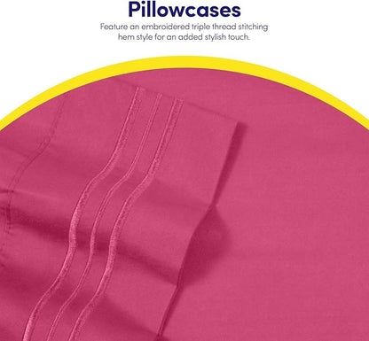 Sweet Home Collection Twin XL Size Sheet Set with Built-in Sheet Straps - Deep Pocket Fitted Sheet, Flat Sheet & Pillowcases - Soft, Wrinkle-Free, Secure Fit - Fuschia