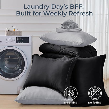 HEVUMYI Full Comforter Set - 7-Piece All Season Bed in a Bag Full, Ultra Soft Bedding Set with Comforter, Flat Sheet, Fitted Sheet, Pillowcases, Pillow Shams, Black & Light Grey