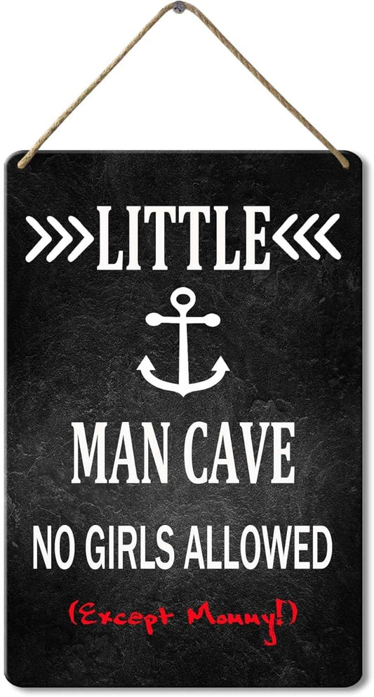 Wood Sign Little Man Cave No Girls Allowed, 8x12 Inch, Boys Only Sign For Room Boys