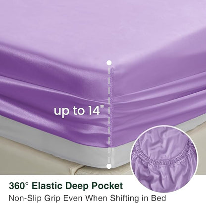Love's cabin Full Size Satin Sheet Sets - 4 Piece Lavender Silky Sheet Set with Deep Pocket, Luxury Silk Feel Satin Sheets Full Bedding Set (1 Flat Sheet,1 Fitted Sheet,2 Pillow Cases)