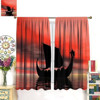 Viking Ship Curtains, Fantasy Ocean Vintage Sailboat at Sundown Nautical Themed Print Blackout Window Treatments for Boys Bedroom Living Room 72x63in